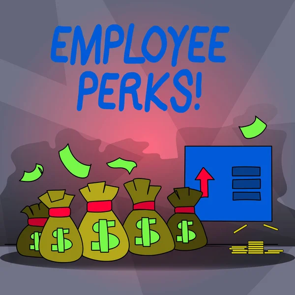 Texto de escritura de palabras Perks Empleado. Concepto de negocio para beneficios del trabajador Bonos Compensación Recompensas Seguro de salud . —  Fotos de Stock