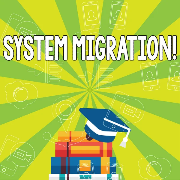 Uwaga: pisanie Wyświetlono migracja systemu. Biznesowe zdjęcie prezentujący przenoszenie programów do innej platformy. — Zdjęcie stockowe