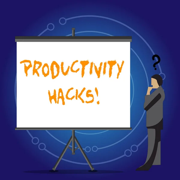 Conceptual hand writing showing Productivity Hacks. Business photo showcasing Hacking Solution Method Tips Efficiency Productivity.