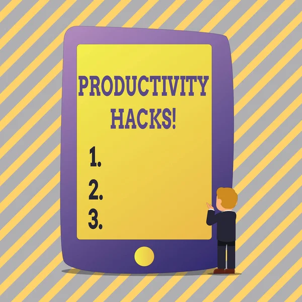 Signo de texto que muestra Hacks de productividad. Foto conceptual Hacking Solución Método Consejos Eficiencia Productividad . —  Fotos de Stock