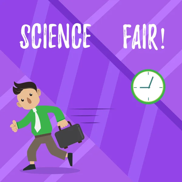 Κείμενο πινακίδα που δείχνει Science Fair. Εννοιολογική φωτογραφία Σχολικός διαγωνισμός όπου οι διαγωνιζόμενοι παρουσιάσει έργα. — Φωτογραφία Αρχείου