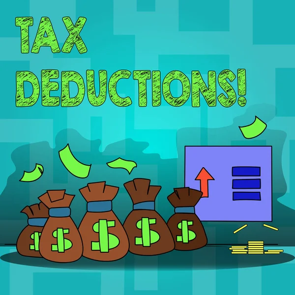 Text tecken visar skatteavdrag. Konceptuella foto minskning på skatt avkastning på investeringar sparande pengar. — Stockfoto