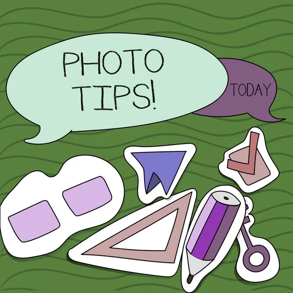 Manuscrito texto escrita Photo Tips. Conceito significado Sugestões para tirar boas fotos Conselhos para uma grande fotografia . — Fotografia de Stock