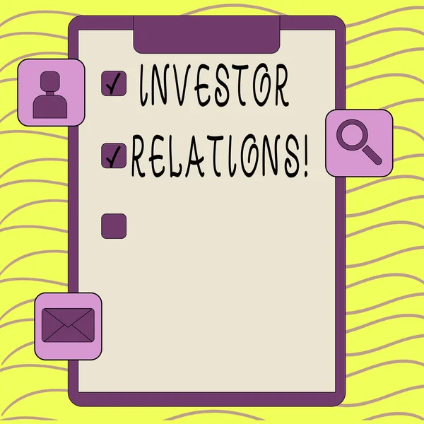 Parola di scrittura del testo Investor Relations. Concetto di business per finanza Investimento Relazione Negoziare Azionista . — Foto Stock