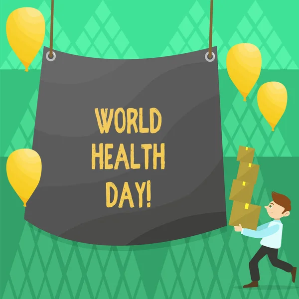 Conceptuele hand schrijven tonen Wereldgezondheidsdag. Zakelijke foto presentatie van speciale datum voor gezonde activiteiten zorg preventie. — Stockfoto