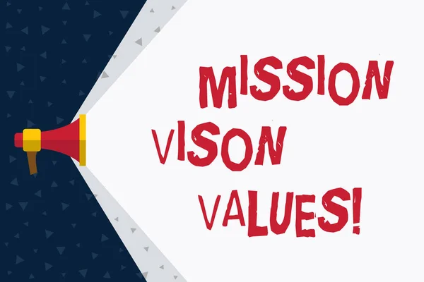 Texto escrito palavra Missão Vison Valores. Conceito de negócio para planejamento para melhoria futura Carreira Decisões corretas . — Fotografia de Stock