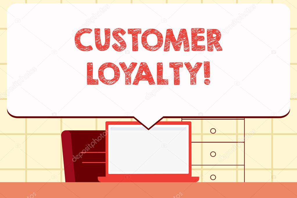 Writing note showing Customer Loyalty. Business photo showcasing Client Satisfaction LongTerm relation Confidence.