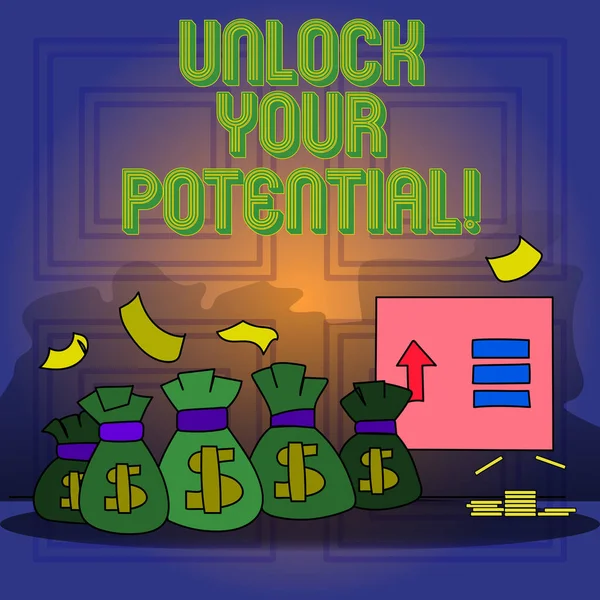 A kézírás szöveg írás Unlock Your Potential. Koncepció, azaz belépés a igaz készségek és a hatáskör higgy magadban. — Stock Fotó