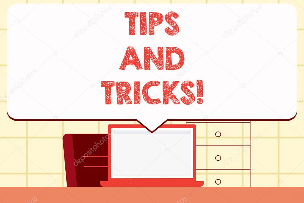 Writing note showing Tips And Tricks. Business photo showcasing Suggestions to Make things easier Helpful Advices Solutions.