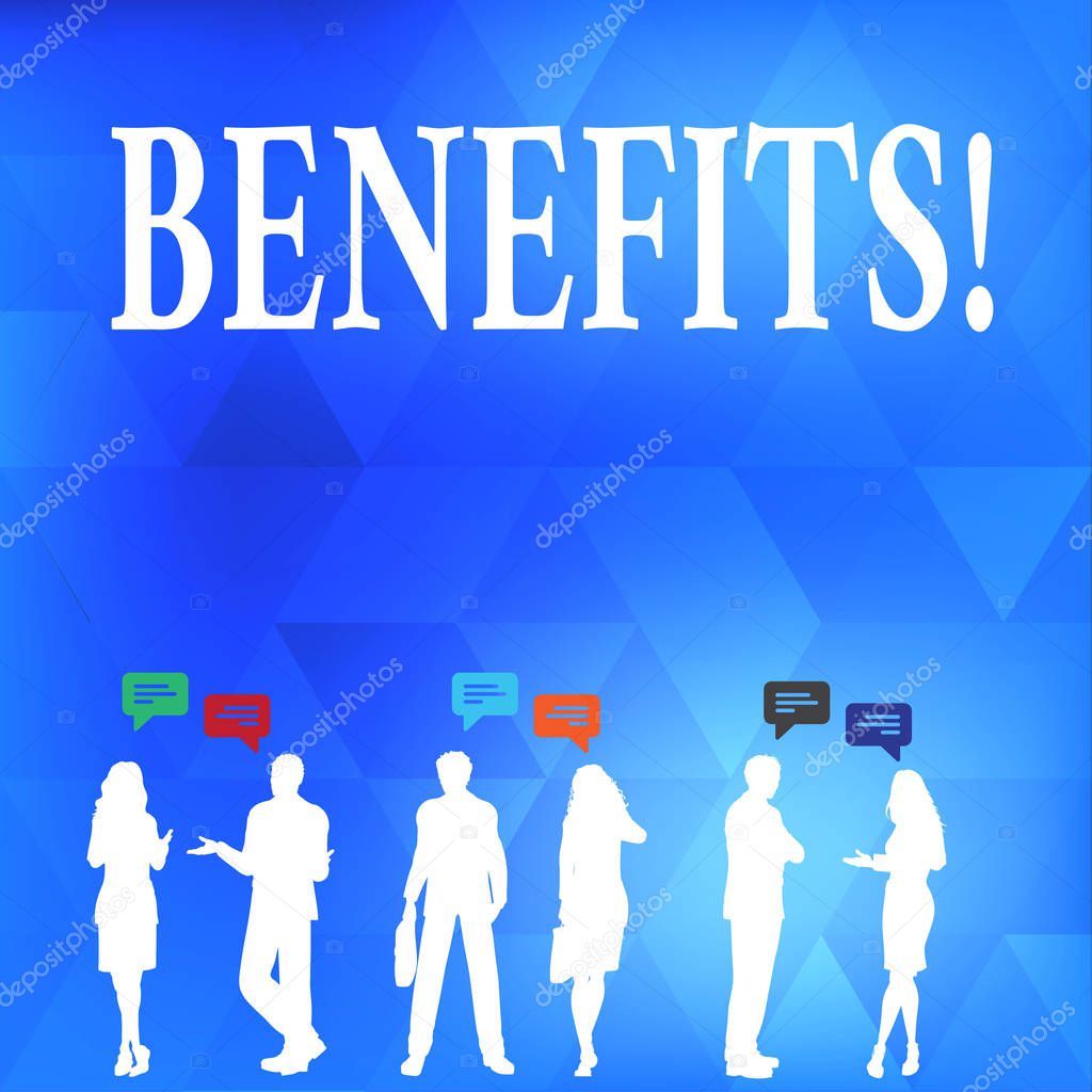 Conceptual hand writing showing Benefits. Business photo text Advantage Insurance Compensation Interest Revenue Gain Aid.