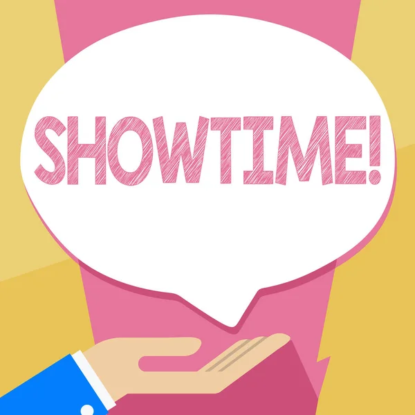 Writing Obs visar Showtime. Företag foto skylta tid en spela Film konsert Perforanalysisce händelse är planerad att starta. — Stockfoto