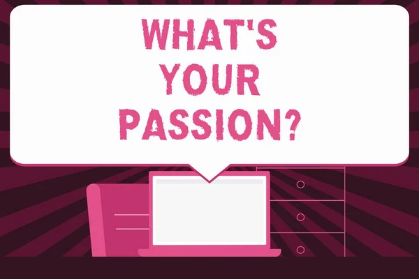 Signo de texto que muestra What S Your Passionquestion. Foto conceptual preguntando a alguien acerca de sus sueños y esperanzas . — Foto de Stock