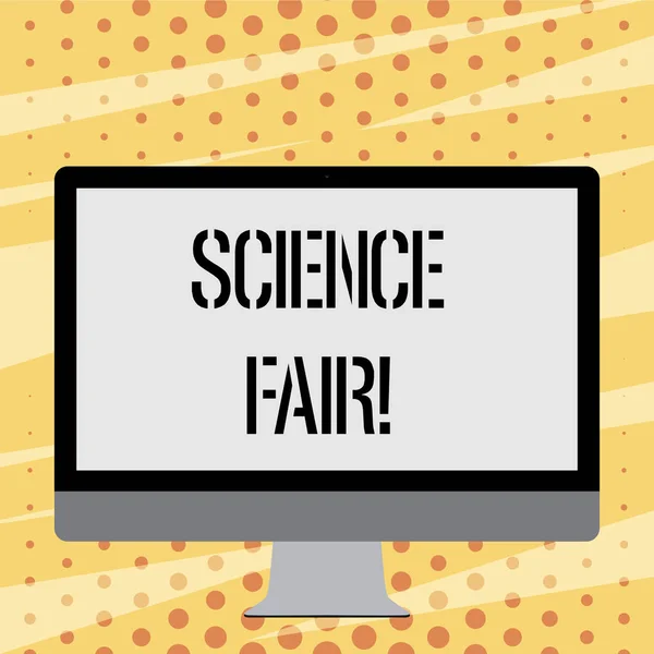 Κείμενο πινακίδα που δείχνει Science Fair. Εννοιολογική φωτογραφία Σχολικός διαγωνισμός όπου οι διαγωνιζόμενοι παρουσιάσει έργα. — Φωτογραφία Αρχείου