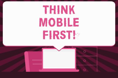 Düşünüyorum mobil ilk gösterilen metin işareti. Kavramsal fotoğraf Handheld ilk pazarlama hedef taşınabilir telefonlar geliştirdi.