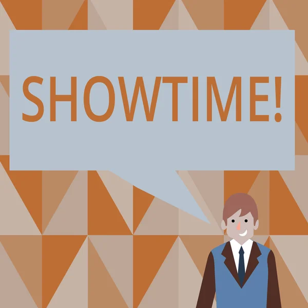 Schrijven van notitie weergegeven: Showtime. Zakelijke foto presentatie van tijd een spelen Film Concert Perforanalysisce evenement is gepland om te beginnen. — Stockfoto