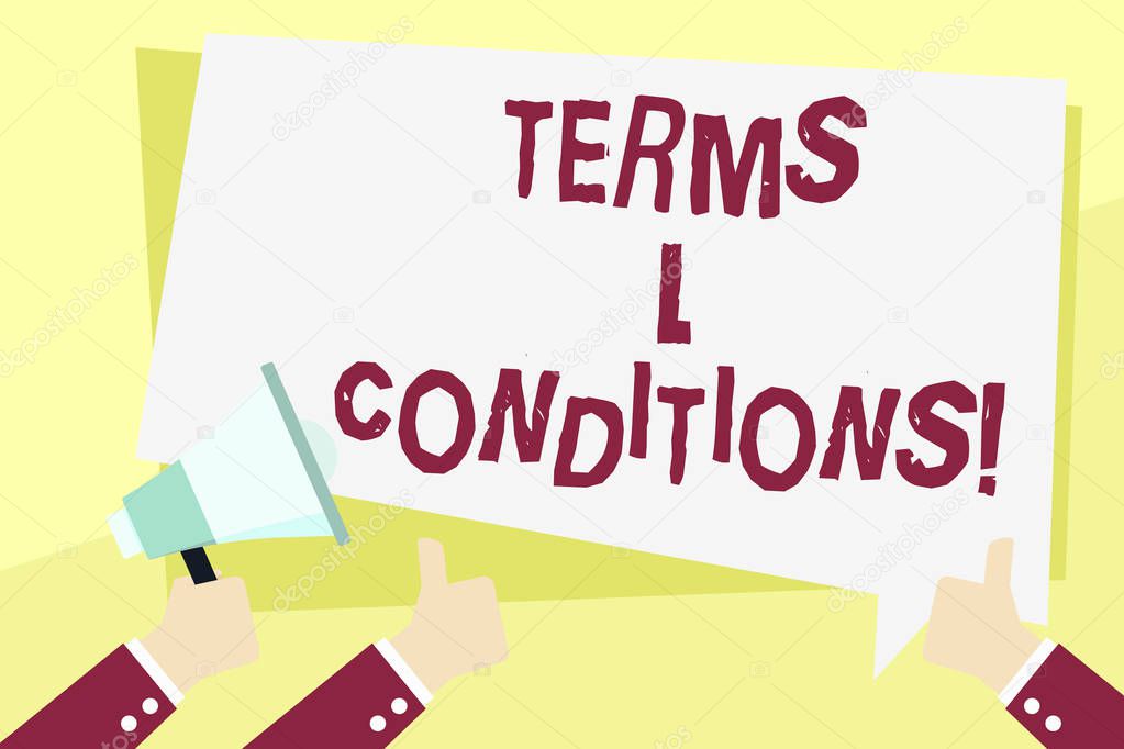 Word writing text Terms And Conditions. Business concept for Legal Law Agreement Disclaimer Restrictions Settlement.