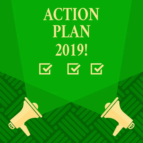 Texte montrant le Plan d'action 2019. Photo conceptuelle Défi Idées Objectifs pour la nouvelle année Motivation à commencer . — Photo