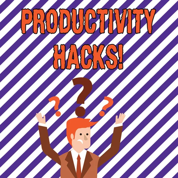Signo de texto que muestra Hacks de productividad. Foto conceptual Hacking Solución Método Consejos Eficiencia Productividad . —  Fotos de Stock