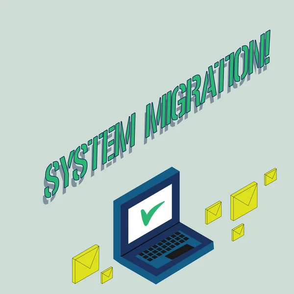 참고 시스템 마이그레이션 보여주는 작성. 이동 프로그램을 다른 플랫폼을 보여주는 사업 사진. — 스톡 사진