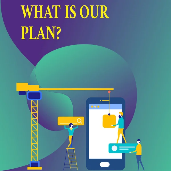 Tekst teken weergegeven: Wat Is onze Planquestion. Conceptuele foto missie doel Agenda Strategize brainstormen. — Stockfoto
