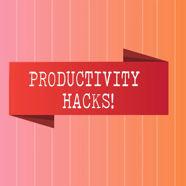 Writing note showing Productivity Hacks. Business photo showcasing Hacking Solution Method Tips Efficiency Productivity.