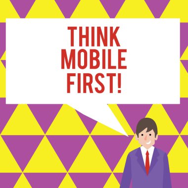 Düşünüyorum mobil ilk gösterilen metin işareti. Kavramsal fotoğraf Handheld ilk pazarlama hedef taşınabilir telefonlar geliştirdi.