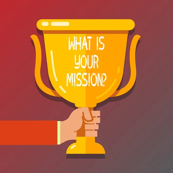 Tekst in handschrift schrijven wat Is uw Missionquestion. Begrip betekenis positief doel zich te concentreren op het bereiken van succes. — Stockfoto