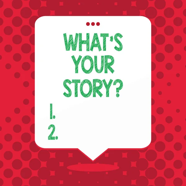 Handgeschreven tekst wat S uw Storyquestion. Begrip betekenis vraagt iemand om me te vertellen over zichzelf. — Stockfoto