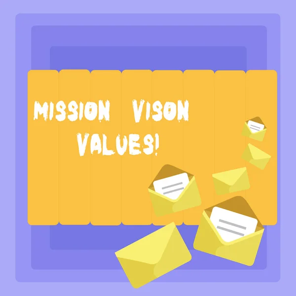 Kavramsal el misyon Vison değerler gösterilen yazma. Gelecekteki gelişme kariyer doğru kararlar için planlama vitrine iş fotoğraf. — Stok fotoğraf