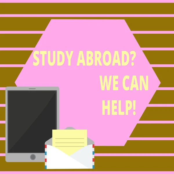 Konzeptionelle Handschrift, die das Studium im Ausland zeigt Frage, die wir helfen können. Business-Fototexte ins Ausland vervollständigen Ihr Studium. — Stockfoto