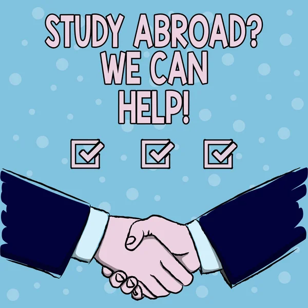 Handschrift-Textstudie im Ausland Frage, die wir helfen können. Konzept bedeutet, ins Ausland zu gehen und das Studium abzuschließen. — Stockfoto