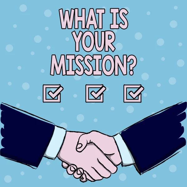 Was ist Ihre Missionsfrage? Konzept bedeutet, jemanden nach seinen Plänen und seiner Todo-Liste zu befragen. — Stockfoto