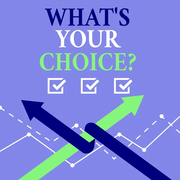Texto de escritura de palabras What S Your Choicequestion. Concepto empresarial de la opción Decisión Preferente al dictamen Preferido . — Foto de Stock