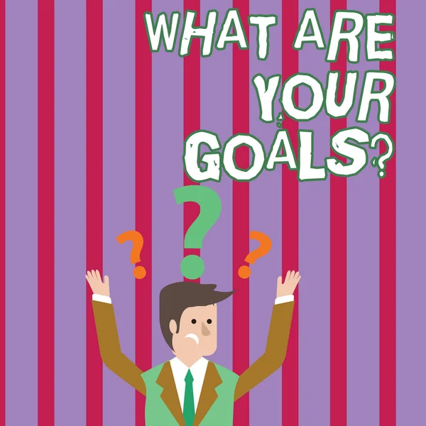 Text sign showing What Are Your Goalsquestion. Conceptual photo asking someone about his life targets. — Stock Photo, Image