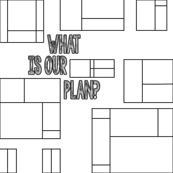 Handskrift text Vad är vår Planquestion. Konceptet innebär uppdraget syfte Agenda Strategize Brainstorming. — Stockfoto