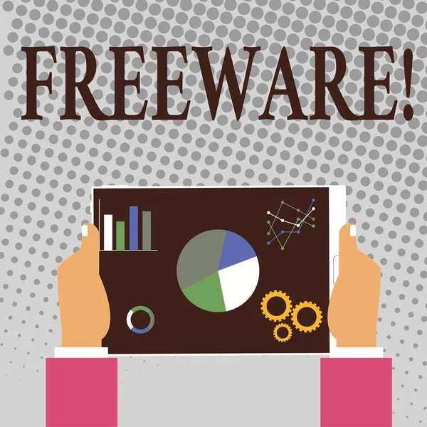 Uwaga: pisanie Wyświetlono Freeware. Biznesowe zdjęcie prezentujący oprogramowania aplikacji, która jest dostępna na użytek przy nie kosztować pieniężnej. — Zdjęcie stockowe