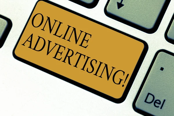 Text sign showing Online Advertising. Conceptual photo website campaigns Ads electronic marketing SEO Reaching Keyboard key Intention to create computer message pressing keypad idea. — Stock Photo, Image