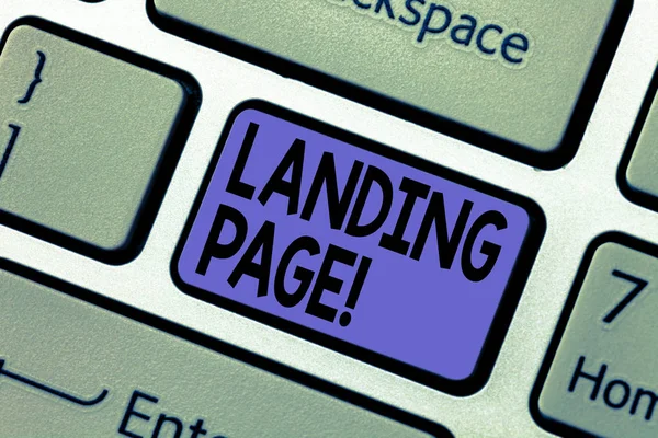 Handwriting text writing Landing Page. Concept meaning Website accessed by clicking a link on another web page Keyboard key Intention to create computer message pressing keypad idea. — Stock Photo, Image