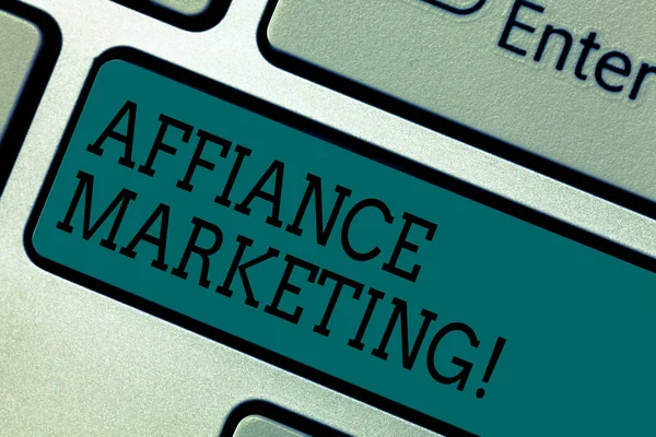 Text sign showing Affiance Marketing. Conceptual photo joining two or more companies in same field mutual goal Keyboard key Intention to create computer message pressing keypad idea.