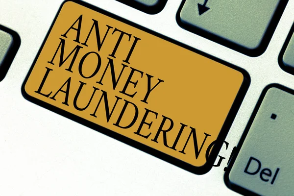 Text sign showing Anti Money Laundering. Conceptual photo entering projects to get away dirty money and clean it Keyboard key Intention to create computer message pressing keypad idea.