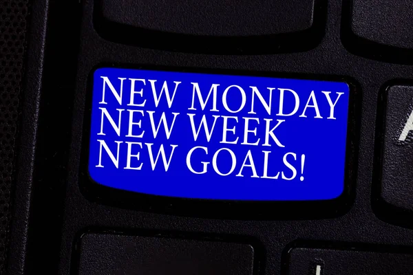 Writing note showing New Monday New Week New Goals. Business photo showcasing next week resolutions To do list Goals Targets Keyboard key Intention to create computer message pressing keypad idea.
