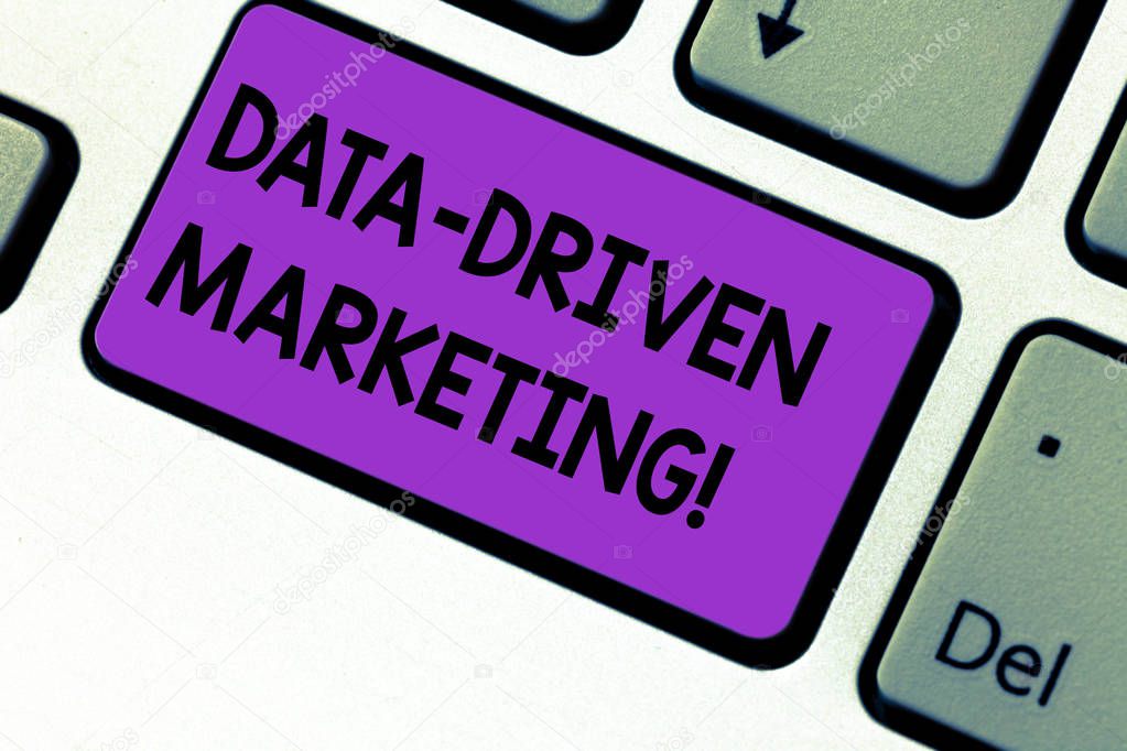 Writing note showing Data Driven Marketing. Business photo showcasing Strategy built on Insights Analysis from interactions Keyboard key Intention to create computer message pressing keypad idea.