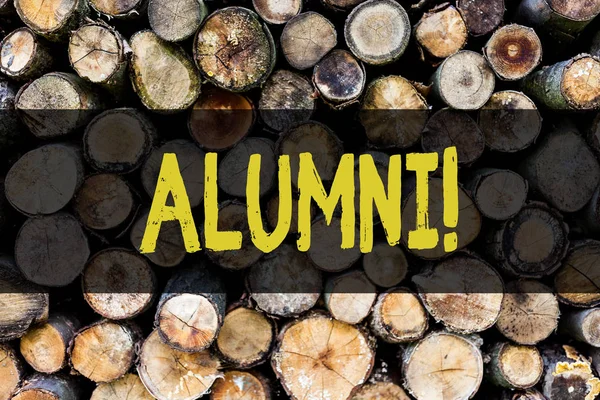 Word writing text Alumni. Business concept for Alum Old graduate Postgraduate Gathering College Academy Celebration Wooden background vintage wood wild message ideas intentions thoughts.