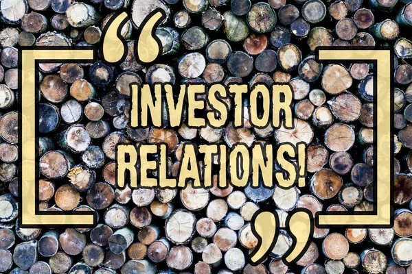Word writing text Investor Relations. Business concept for Finance Investment Relationship Negotiate Shareholder Wooden background vintage wood wild message ideas intentions thoughts.