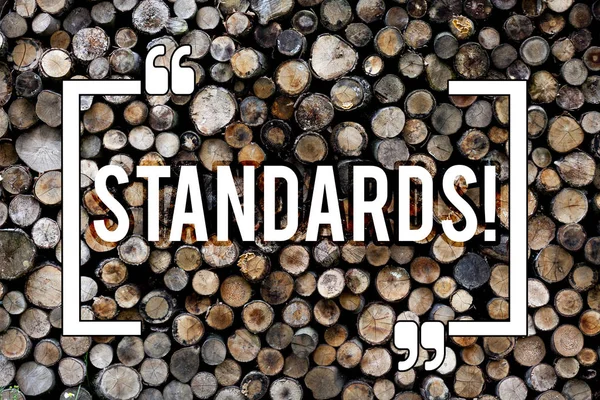 Ordet skriva text standarder. Affärsidé för kvalitetskontroller förordningar riktlinjer trä bakgrund vintage trä vilda meddelande idéer avsikter tankar. — Stockfoto