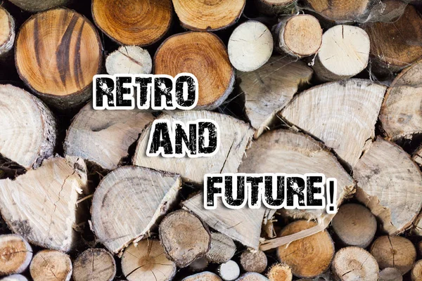 Conceptual hand writing showing Retro And Future. Business photo text optimistic version of future featuring flying cars robots Wooden background vintage wood wild message ideas thoughts.