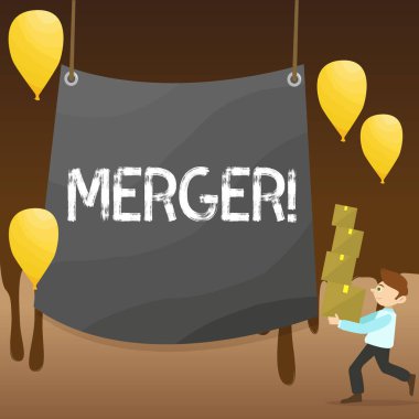 Birleşme gösterilen metin işareti. Kavramsal fotoğraf kombinasyonu iki şey veya şirketler Fusion koalisyon birleşme adam taşıyan kazık, kutuları boş branda Merkezi ve balonlar ile.