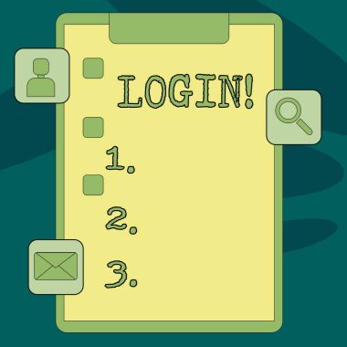 Oturum açma gösterilen metin işareti. Kavramsal fotoğraf değerlendirme, güncelleştirmeleri, uyarı mektubu için bir bilgisayar veritabanı ya da sistem başlatma oturum giren Pano onay kutusunu ve 3 Apps simgeler hareket.