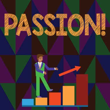 Kavramsal el tutku gösterilen yazma. İş fotoğraf metin güçlü ve kontrol edilemeyen duygu güçlü duygu cinsel cazibe gülen iş adamı tırmanışı Bar grafik bir ok yukarı.