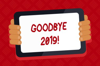 Kavramsal el elveda 2019 gösterilen yazma. Ayrılık veya renk Tablet Smartphone ekran el geri of Gadget ile geçen yılın sonunda iş fotoğraf metin hızlı iyi dilek.